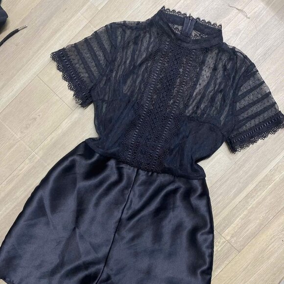 Pants - Elegant Black Lace Top and Satin Shorts Romper